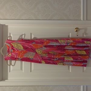 Nic+Zoe summer pink and orange Feather and Leaves tiered maxi dress, size XS.